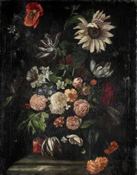 Rosas, tulipanes, amapolas, un girasol y otras flores